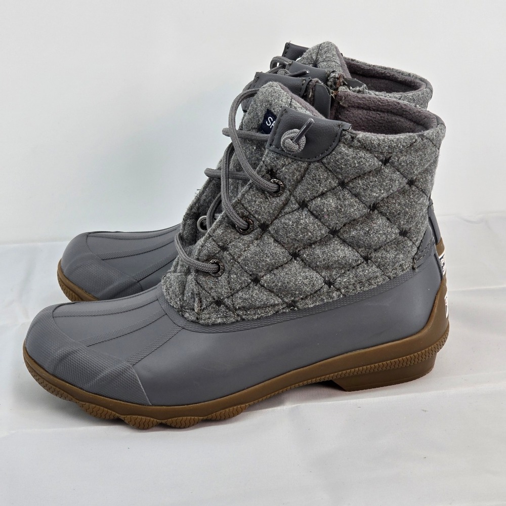 Sperry Quilted Duck Boots‎ Gray Zip Lace Up Waterproof Winter Women 5 NWOB